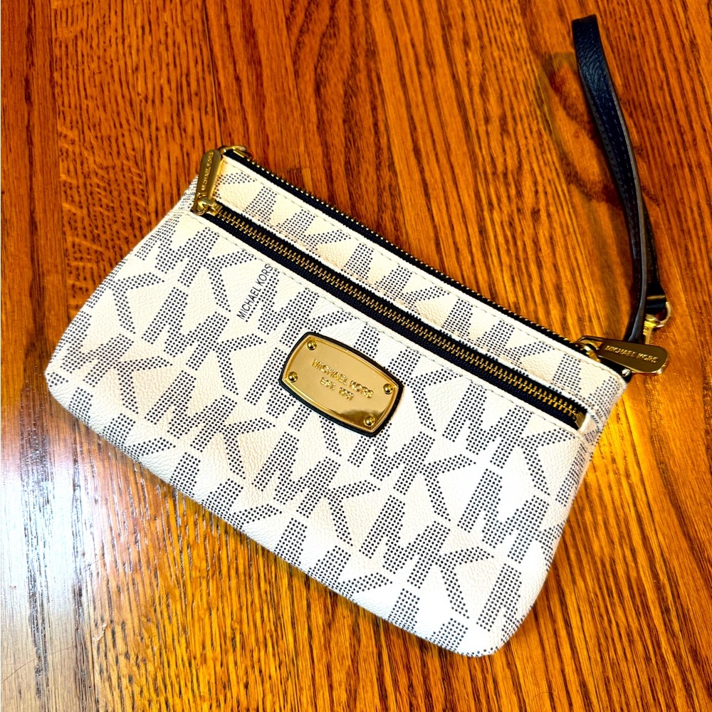 Michael Kors Navy and Cream Monogram Wristlet Bag